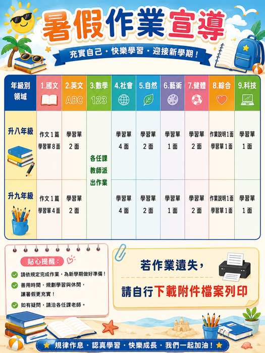 各領域暑假作業頁數，遺失請由附件自行下載列印